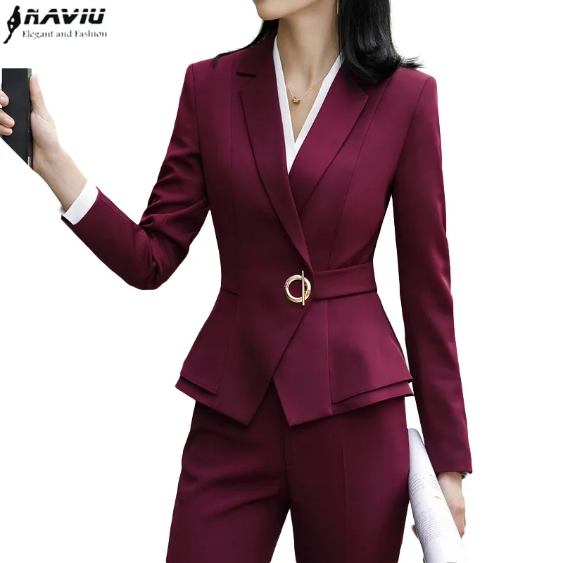 High quality winter suit for women two pieces set formal long sleeve slim  blazer and trousers office ladies plus size work wear - Wine red  pant-blazer - 4D30634…